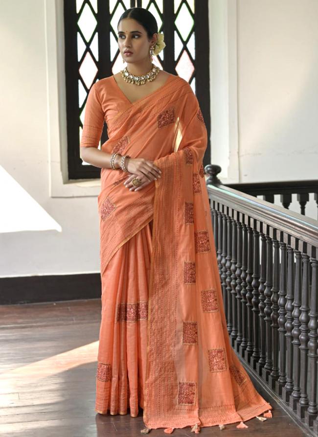 Tussar Silk Orange Traditional Wear Thread Work Saree